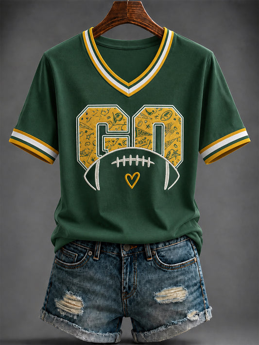 Women's Football Printed V-neck T-shirt