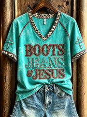 Women's Vintage Boots Jeans & Jesus Western Cross Leopard Print short-sleeved T-shirt