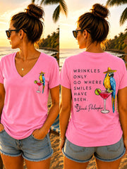 Women's "Wrinkles Only go Where Smiles Have Been" V-neck T-shirts