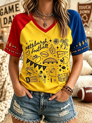 Women's Pittsburgh Football V-neck Off-shoulder Short-sleeved T-shirt
