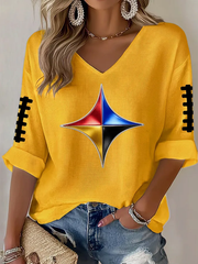 Women's Pittsburgh Football Mid-length Sleeves V-Neck T-Shirt