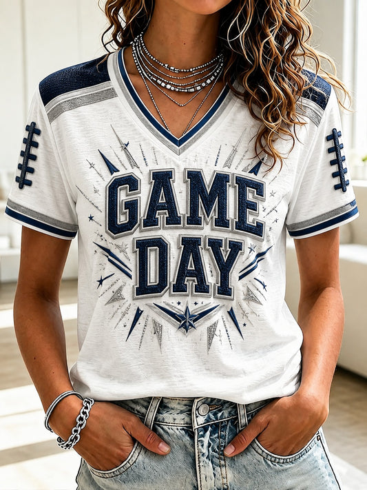 Women's Football GAME DAY Printed V-neck T-shirt