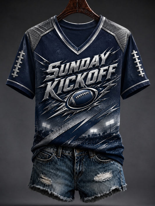Women's Football SUNDAY KICKOFF Printed V-neck T-shirt