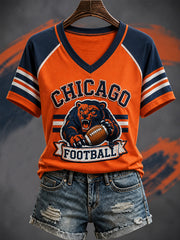 Women's Football Gameday Bear Print Gift For Football Fans Casual V-Neck Tee