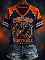Women's Football Gameday Bear Print Gift For Football Fans Casual V-Neck Tee