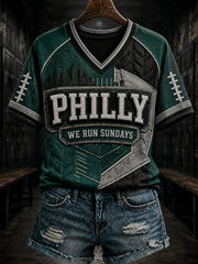 Women's Football Philly WE RUN SUNDAYS Printed V-neck T-shirt