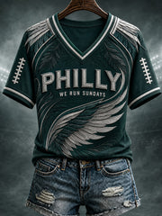 Women's Football Philly WE RUN SUNDAYS Printed V-neck T-shirt