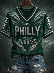 Women's Football Philly WE RUN SUNDAYS Printed V-neck T-shirt