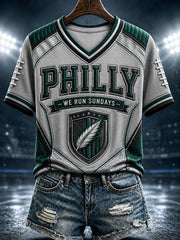 Women's Football Philly WE RUN SUNDAYS Printed V-neck T-shirt