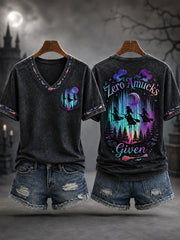 Women's Funny Halloween Witches Print Casual V-Neck Tee