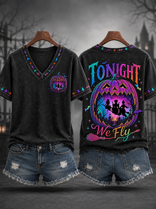 Women's Funny Halloween Witches Print Casual V-Neck Tee