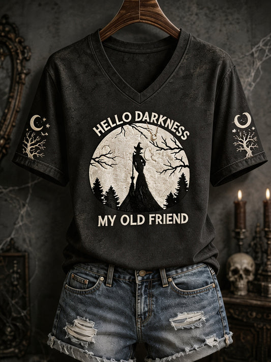 Women's Funny Halloween Hello Darkness My Old Friend Witch Print Casual V-Neck Tee