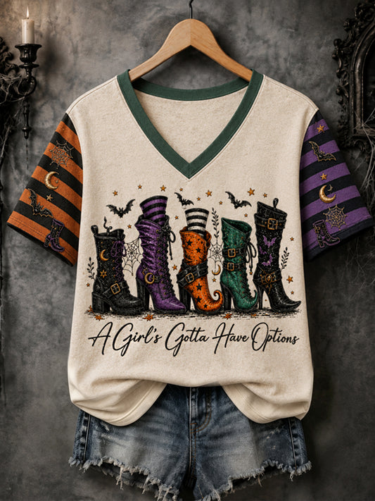 Women's Funny Halloween A Girls Gotta Have Options Witches Print Casual V-Neck Tee