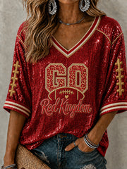 Women's Football Gameday Gift For Football Fans Mid-length Sleeves V-Neck T-Shirt
