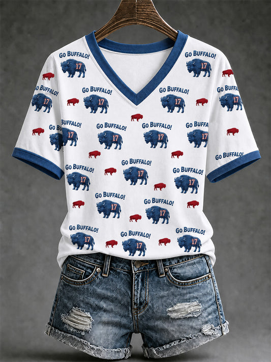 Women's Football Lover Buffalo Print V-Neck Tee