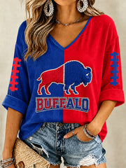 Women's Football Lover Buffalo Print Casual V-Neck Tee