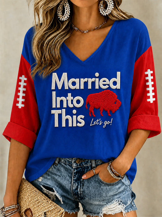 Women's Football Lover Buffalo Print Casual V-Neck Tee