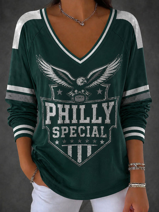 Women's Football Gameday Gift For Football Fans Printed V-Neck Long Sleeve Shirt