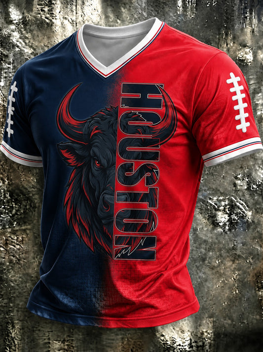 Men's Football Printed V-neck T-shirt