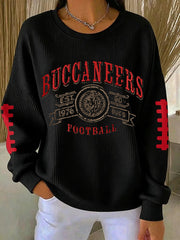 Women's Football Fan Print Ribbed Round-Neck Sweatshirt