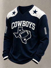 Men's Football Gameday Gift For Football Fans Casual Waffle Long Sleeve V-Neck Top