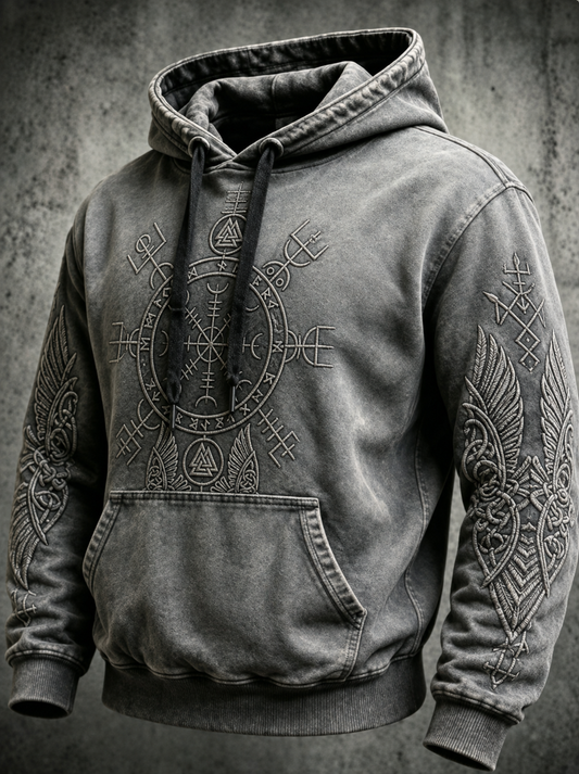 Men's Retro Viking Valknut Oversized Drop-Shoulder Hoodie