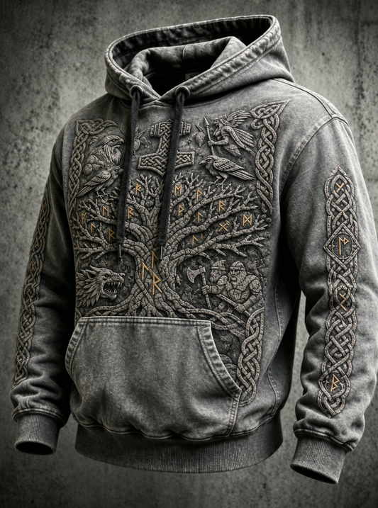 Men's Retro Viking Valknut Oversized Drop-Shoulder Hoodie