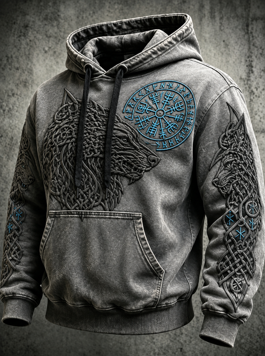 Men's Retro Viking Valknut Oversized Drop-Shoulder Hoodie