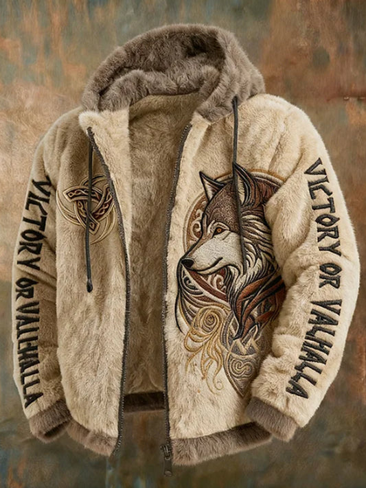 Men's Viking Tribal Jacquard Celtic With Wolves Inspired Plush Warm Zipped Hooded Jacket