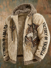 Men's Viking Tribal Jacquard Celtic With Wolves Inspired Plush Warm Zipped Hooded Jacket