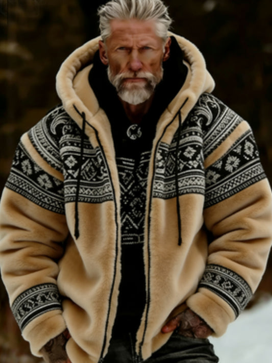 Men's Viking Celtic Art Plush Cozy Warm Zipped Hooded Jacket