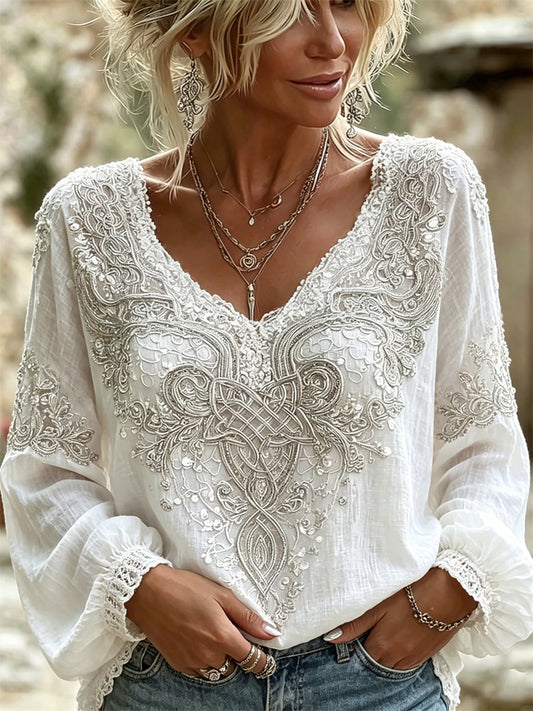 Women's Classy Viking Celtic Knot Floral Lace Print Cotton-Linen Shirt