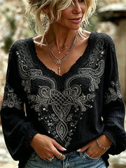 Women's Classy Viking Celtic Knot Floral Lace Print Cotton-Linen Shirt