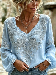 Women's Classy Viking Celtic Knot Floral Lace Print Cotton-Linen Shirt