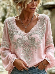 Women's Classy Viking Celtic Knot Floral Lace Print Cotton-Linen Shirt