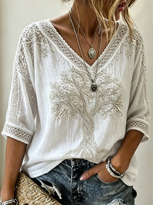Women's Classy Viking Tree of Life Celtic Knot Print linen T-shirt