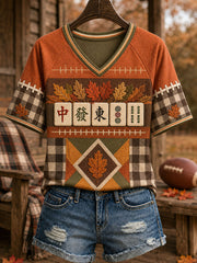 Women's Autumn Rugby Mahjong V-neck T-shirts