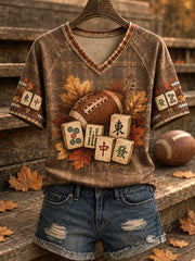 Women's Autumn Rugby Mahjong V-neck T-shirts