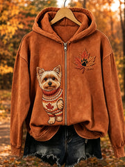 Women's Fall Cozy Peeking Yorkshire Dog & Leaf Print Full Zip Hoodie