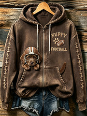 Women's Cute Football Labrador Retriever Print Comfy Zip-Up Hoodie