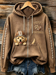 Women's Cute Football Golden Retriever Print Comfy Zip-Up Hoodie