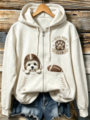 Women's Cute Football Maltese Print Cozy Zip-Up Hoodie