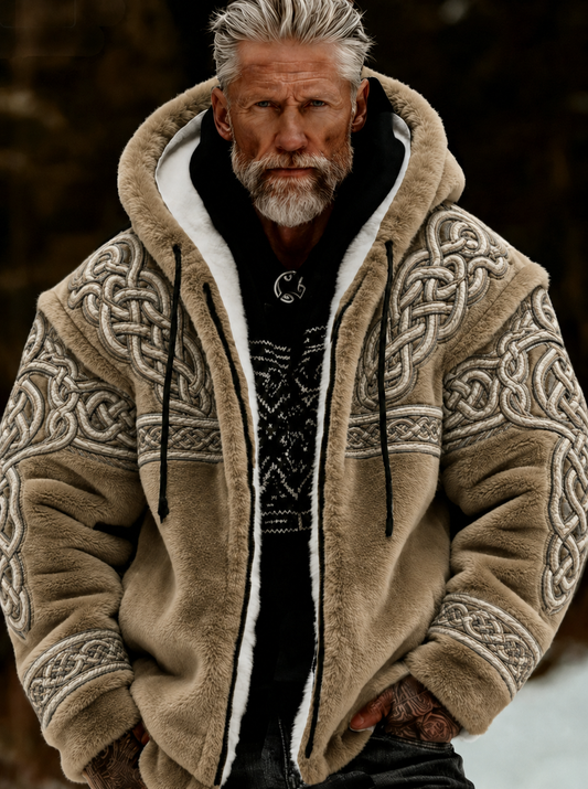 Men's Viking Celtic Art Plush Cozy Warm Zipped Hooded Jacket
