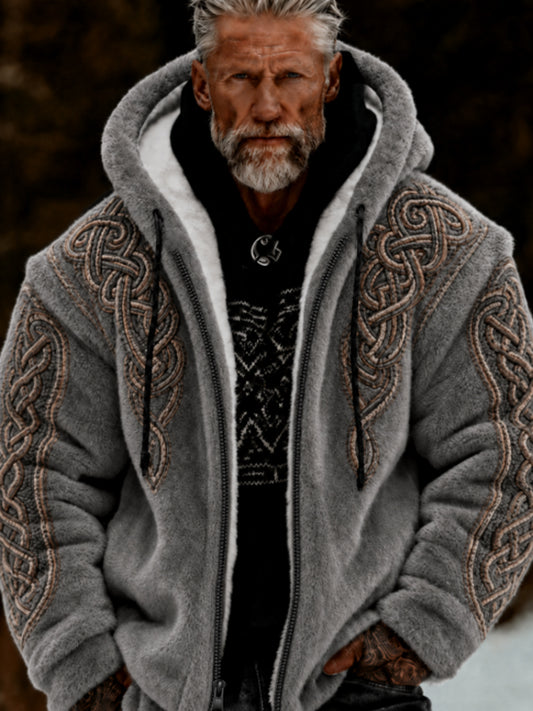 Men's Viking Celtic Art Plush Cozy Warm Zipped Hooded Jacket