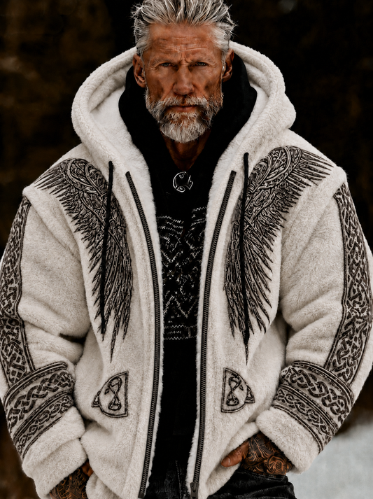 Men's Viking Celtic Art Plush Cozy Warm Zipped Hooded Jacket