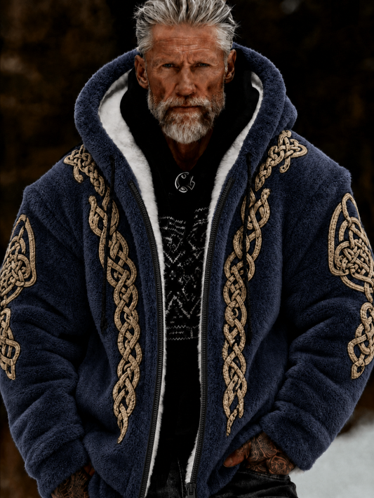 Men's Viking Celtic Art Plush Cozy Warm Zipped Hooded Jacket