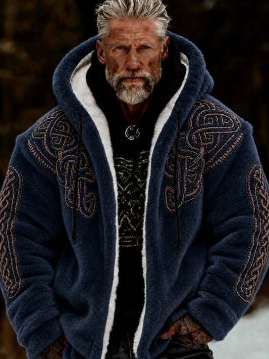 Men's Viking Celtic Art Plush Cozy Warm Zipped Hooded Jacket