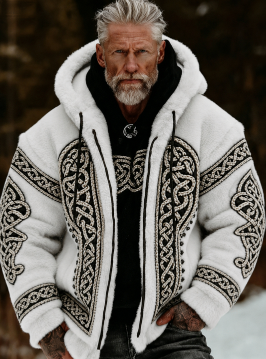 Men's Viking Celtic Art Plush Cozy Warm Zipped Hooded Jacket