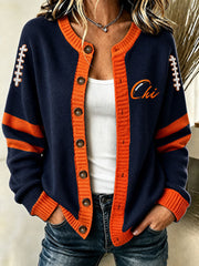 Women's Chicago Football Lover Bear Art Printed Cardigan-Style Knit Jacket
