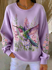 Women's Hummingbird Art Print Ribbed Round-Neck Sweatshirt